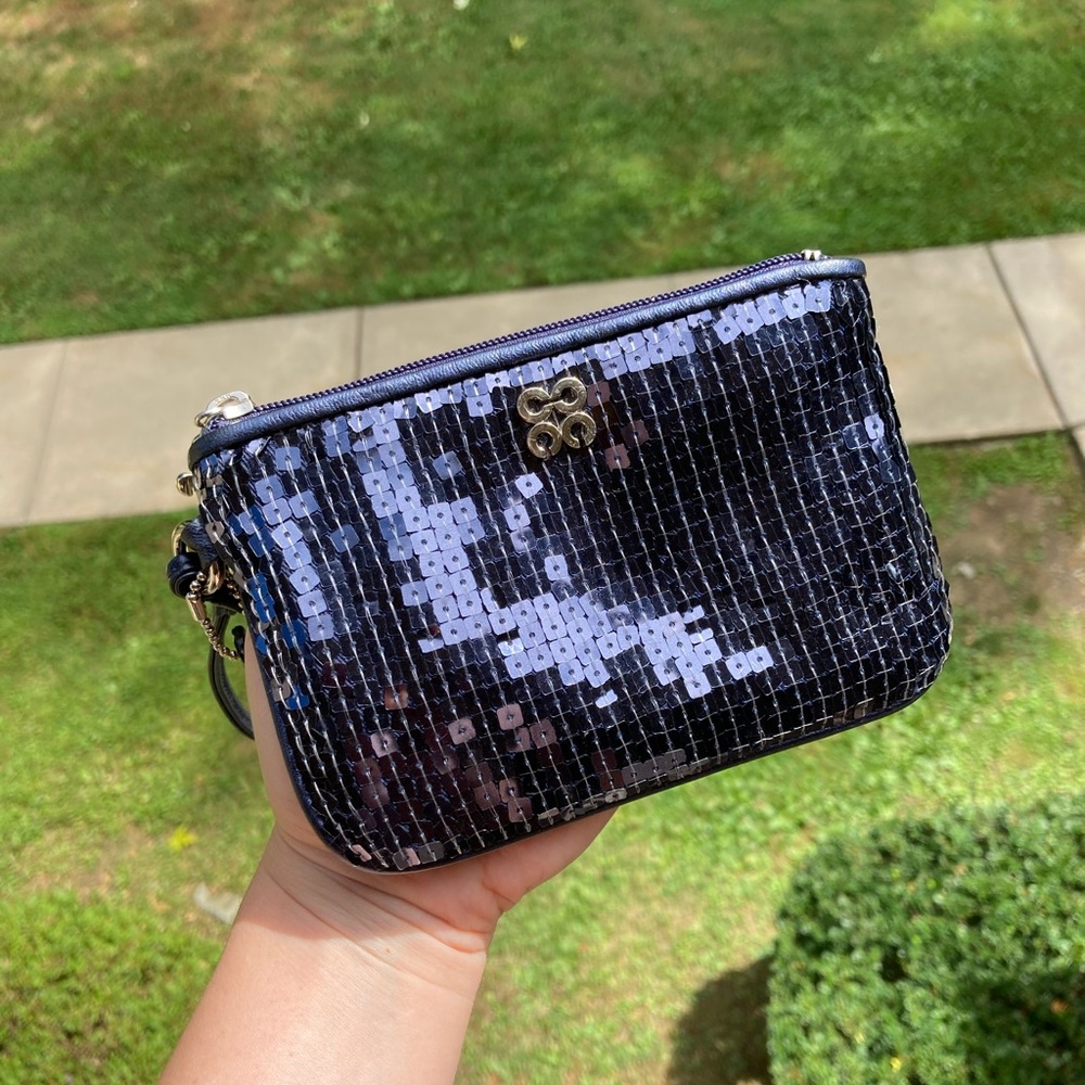 Coach Navy Blue Sparkle Sequins Zipper Pouch Wristlet Cosmetic Bag Purse Wallet - Picture 9 of 17